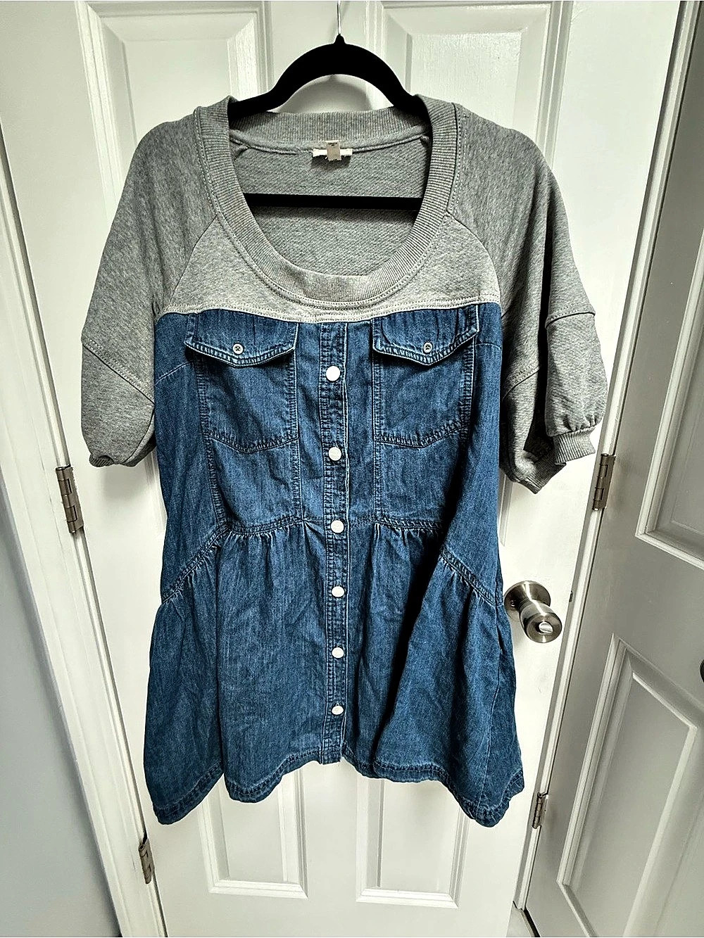 PILCRO Denim Sweatshirt Twofer Swing Dress Blue & Gray Small